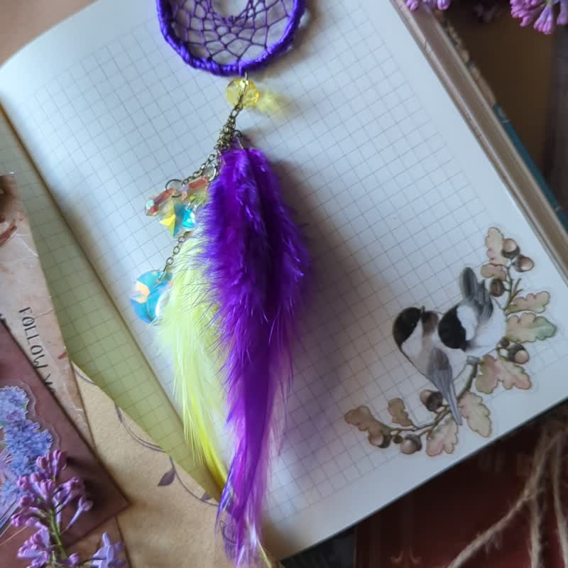 Purple Yellow Car Rear View Mirror Dreamcatcher Charm - Small Dream Catcher Car - 壁貼/牆壁裝飾 - 玻璃 紫色