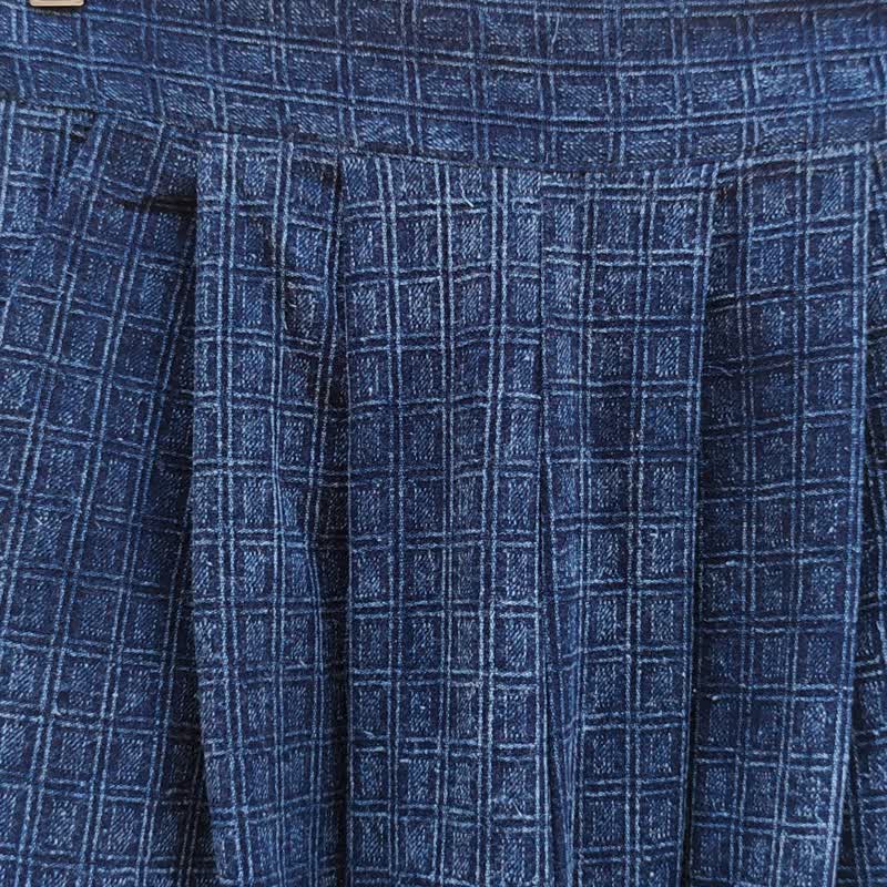 Dobby Square - กางเกงขากว้างผ้าด้อบบี้ลายตาราง ย้อมหม้อห้อม - กางเกงขายาว - ผ้าฝ้าย/ผ้าลินิน สีน้ำเงิน