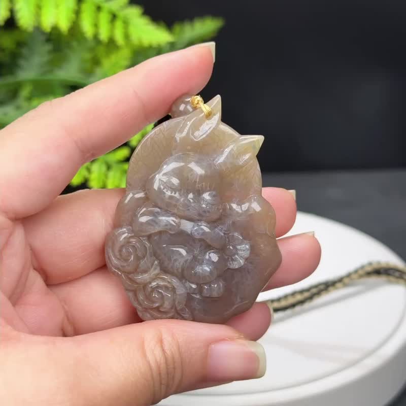 High quality coral jade pendant high ice jade Phoenix tail pattern hand carved cute sleeping rabbit Ruyi flower longevity wealth auspicious - Necklaces - Jade 