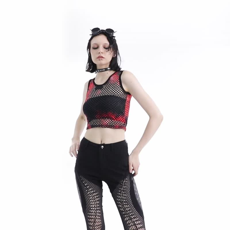 龐克薩滿靈藥紮染網格巫衣 - 紅 / 藍 / 黑 / 背心 / 露肩上衣 - 女 T 恤 - 其他材質 紅色