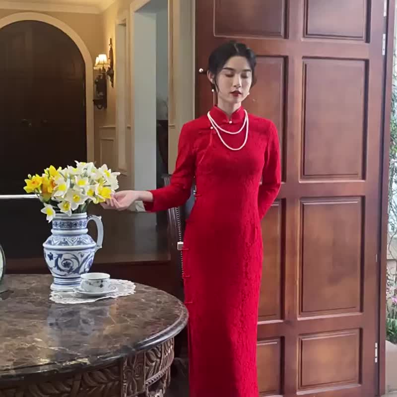 正紅色 曼麗 蕾絲中高開衩改良旗袍  復古改良中式新娘敬酒服禮服 - 旗袍/改良式旗袍 - 聚酯纖維 紅色