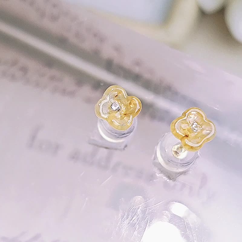 招財•貴人|純18k金無燒冰玻芬達黃翡桂花|緬甸A貨翡翠耳環耳釘 - 耳環/耳夾/耳骨夾 - 玉石 