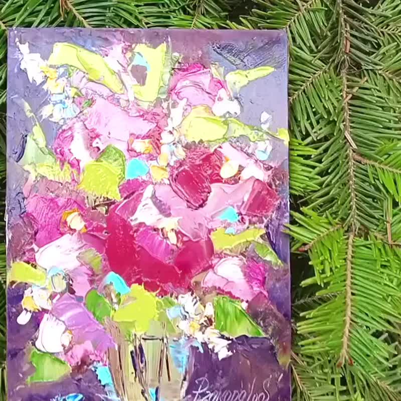 Peonies Painting Floral Oil Flowers Peony Original Art (13 cm * 18 cm) - ตกแต่งผนัง - วัสดุอื่นๆ สึชมพู