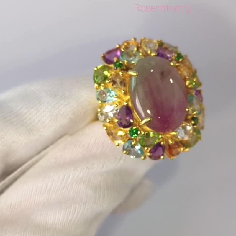 Natural Ruby and muti gems 40 Cts Ring Sterling Silver925 With Gold Plated. - 戒指 - 純銀 紅色