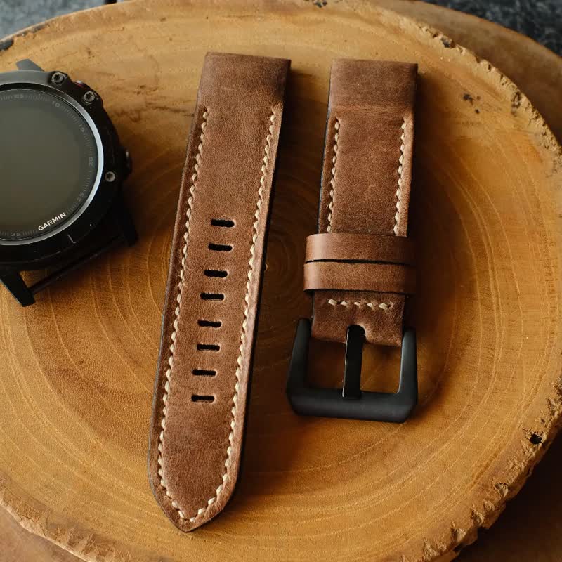 Crazy Horse Chesnut White Stitching Cowhide Leather Garmin Watch Band - สายนาฬิกา - หนังแท้ สีนำ้ตาล