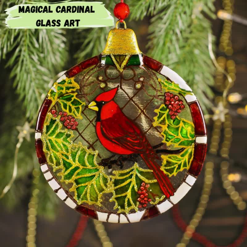 Red Cardinal Christmas Ball - Fused Glass Habnd Painted Gift - 擺飾/家飾品 - 玻璃 紅色