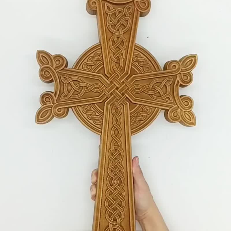 Small Khachkar Cross 10,5 cm height, Armenian carved wood cross, Christian - ตกแต่งผนัง - ไม้ 