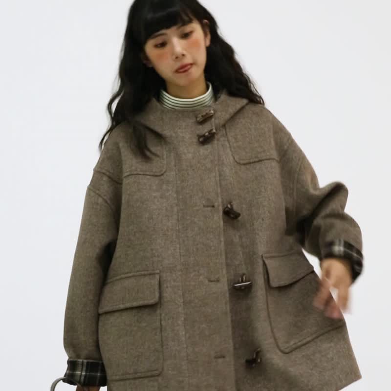 oddmaker hooded horn buckle wool coat Japanese retro coffee color long-sleeved mid-length coat - Women's Blazers & Trench Coats - Wool 