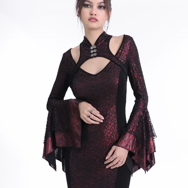 Gothic Witch of the East Chinese Stand Collar Dress-Red/Black - Evening Dresses & Gowns - Other Materials Red