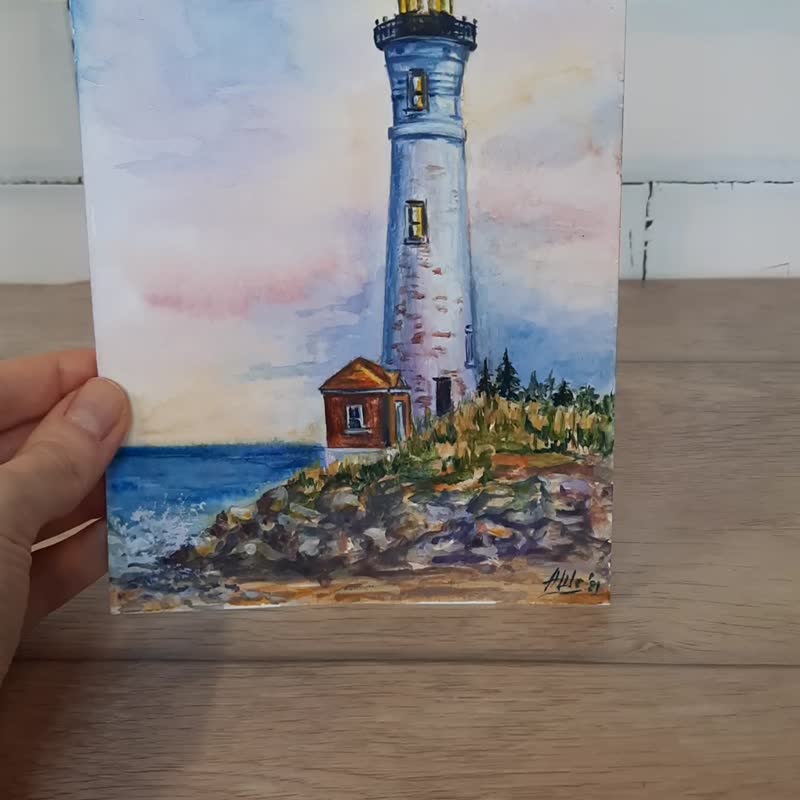 Lighthouse painting Original watercolor painting Sunset sky art Seascape art - Posters - Paper Multicolor