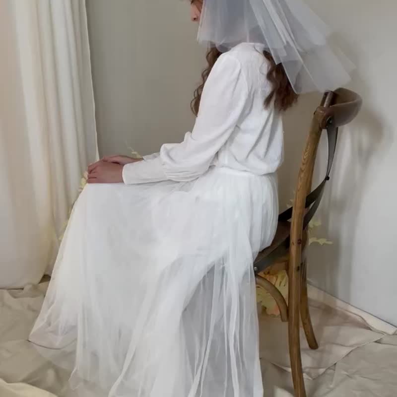 Miller 米樂新娘婚飾品牌-雙層素網紗/新娘短頭紗 - 髮夾/髮飾 - 聚酯纖維 白色