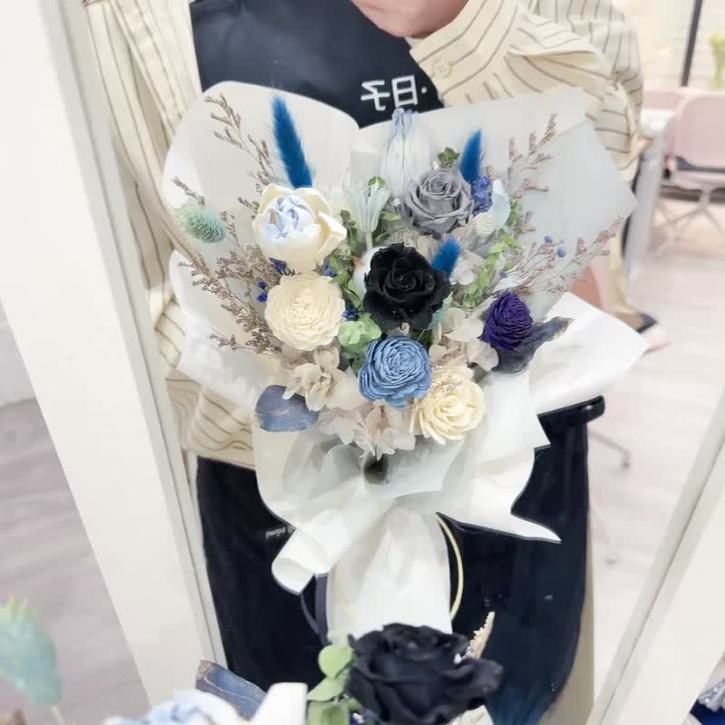 灰藍色系花束 永生花 男生花束 小資花束 莫蘭迪色系花束 - 乾燥花/永生花 - 植物．花 藍色