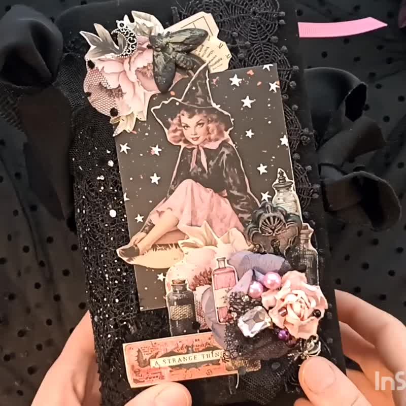 Spooky Halloween castle journal handmade Witch gothic moon grimoire for sale - 筆記本/手帳 - 紙 黑色