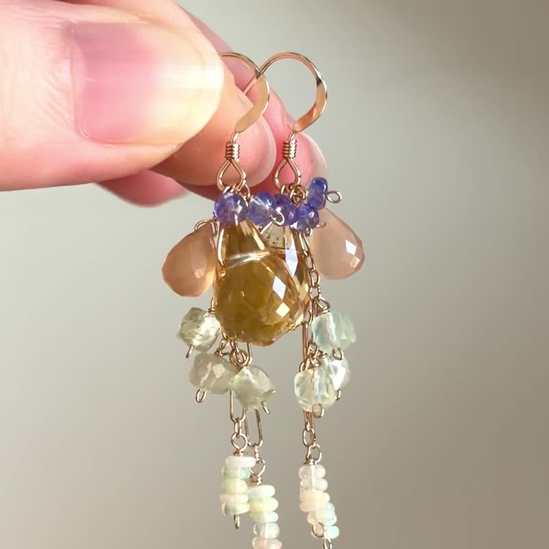 Honey long earrings 14KGF Citrine Ethiopian Opal Tanzanite Prehnite - Earrings & Clip-ons - Gemstone Yellow
