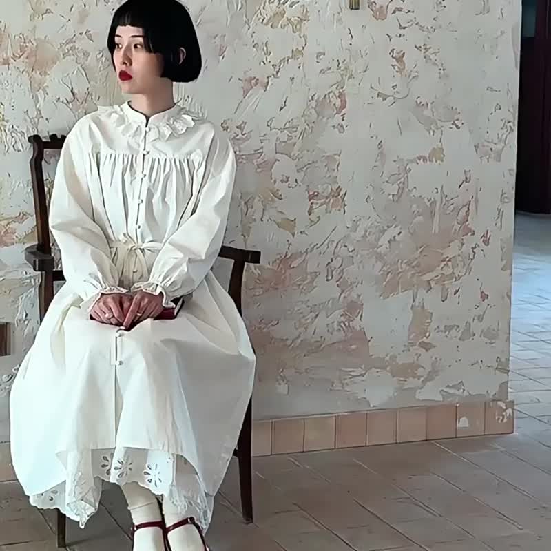 白色 蕾絲花邊立領洋裝 初春初戀清純法式小白長裙子 - 洋裝/連身裙 - 棉．麻 白色
