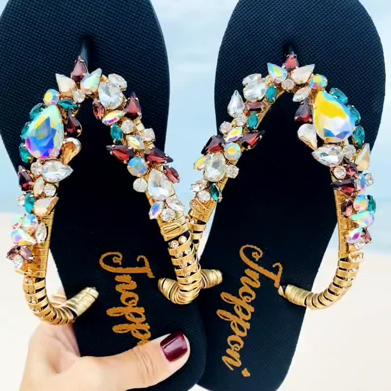 其他材質 拖鞋 黑色 - Jeweled Flip Flops Bling Flip Flops Black Rhinestone Sandals Beach Sandals Shoes