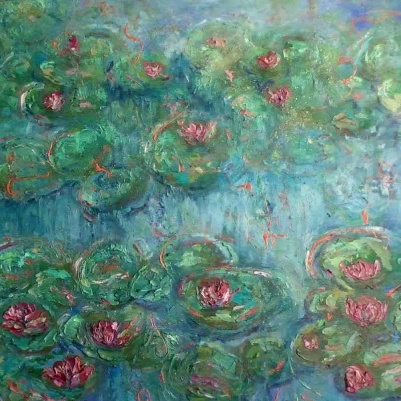 Lily Pond Reflections – Original Textured Oil Painting on Canvas - 壁貼/牆壁裝飾 - 亞麻 