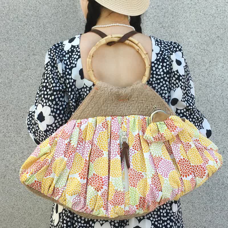 貝殼型竹節手提袋 後背肩背 大容量購物袋 日本丸菊布 - 手提包/手提袋 - 棉．麻 橘色