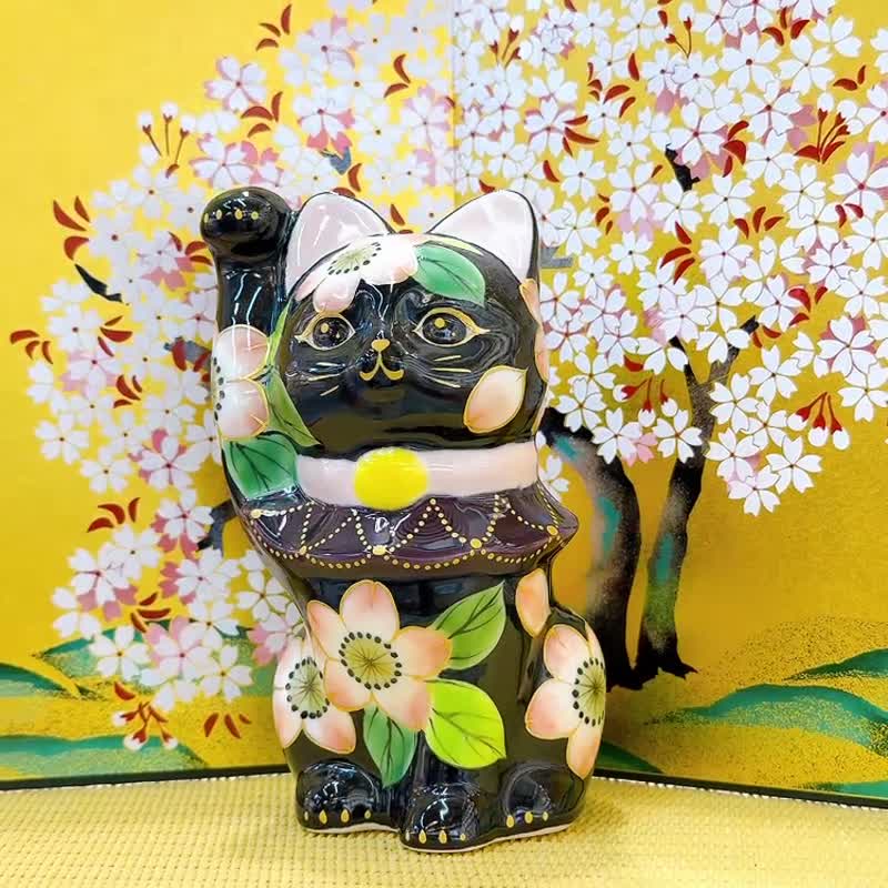 【晶墨迎祥】日本清水燒招財貓 | 色繪 - 黑地櫻 - 擺飾/家飾品 - 瓷 黑色