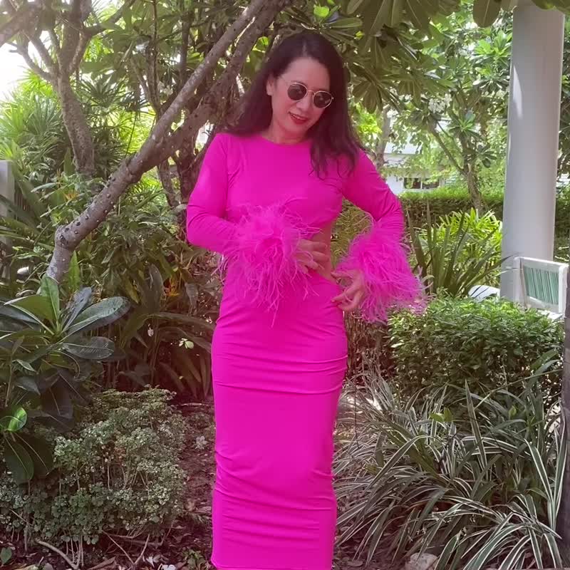 Jess hot pink  feathers bodycon midi dress for women - 洋裝/連身裙 - 聚酯纖維 粉紅色