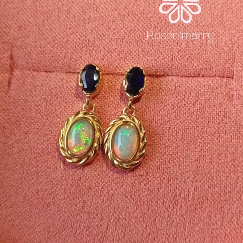 Natural Opal and Blue Sapphire Drop Earrings Sterling Silver925 with gold plated - 耳環/耳夾/耳骨夾 - 純銀 多色