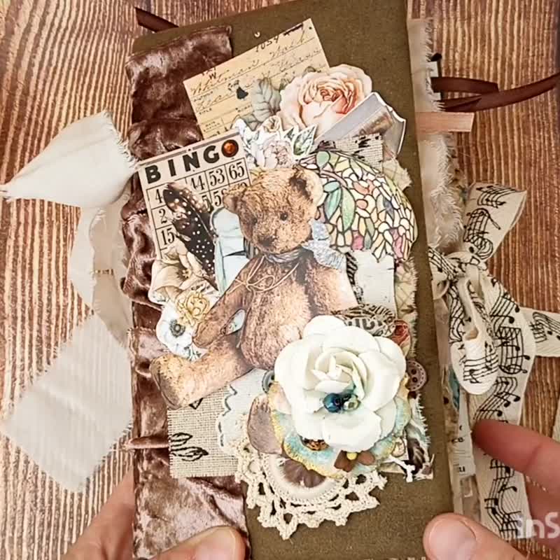 Vintage teddy bear junk journal handmade Romantic heritage notebook dairy - 筆記本/手帳 - 紙 咖啡色