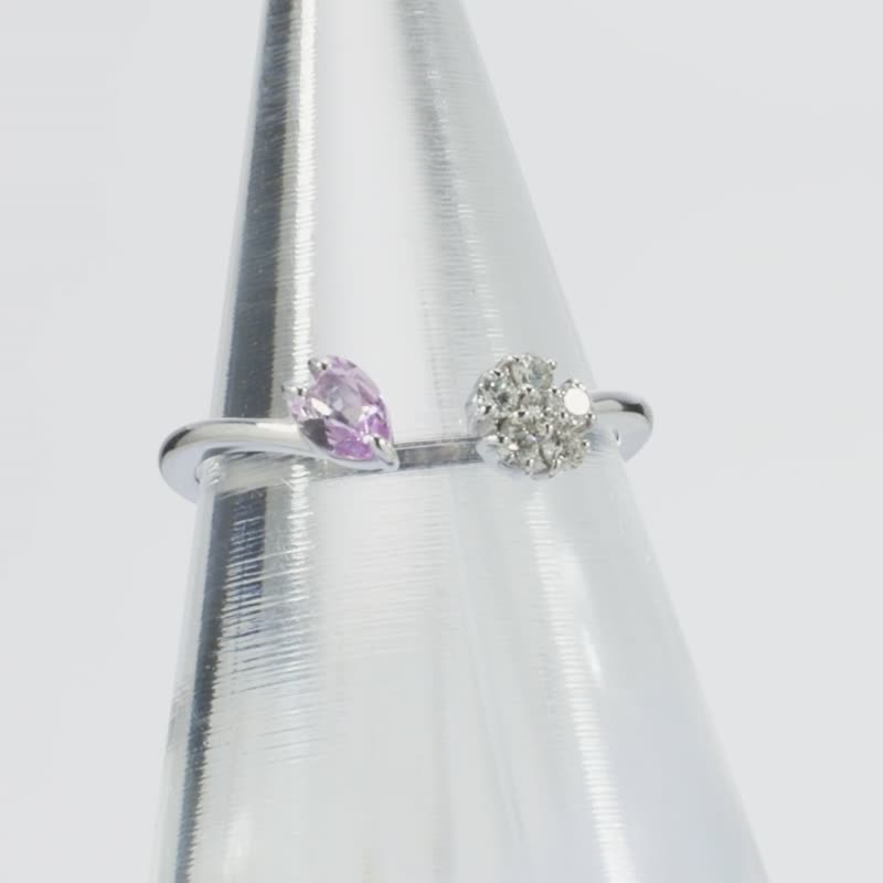 K10 White Gold Pink Sapphire/Diamond Fork Ring Pinky Ring - แหวนทั่วไป - เครื่องเพชรพลอย สึชมพู