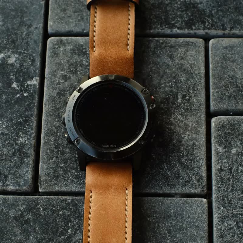 Crazy Horse Tan Brown White Stitching Cowhide Leather Garmin Watch Band - 錶帶 - 真皮 咖啡色