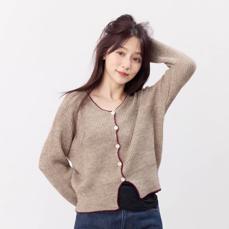 Cathy手勾邊圓領針織開襟衫外套/摩卡棕 - 女毛衣/針織衫 - 棉．麻 咖啡色