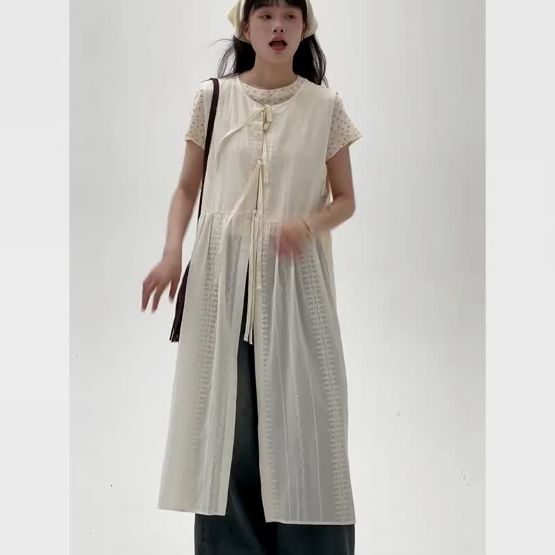 Apricot Japanese Embroidery Layered Vest Dress Sleeveless Dress Strappy Overskirt Beach Resort Long Dress One Size - ชุดเดรส - ผ้าฝ้าย/ผ้าลินิน ขาว