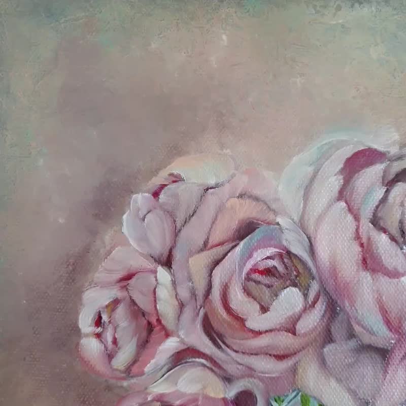 Rose Painting Pearl Original Art Floral Wall Art Flower Oil Painting Canvas Art - 海報/掛畫/掛布 - 棉．麻 粉紅色