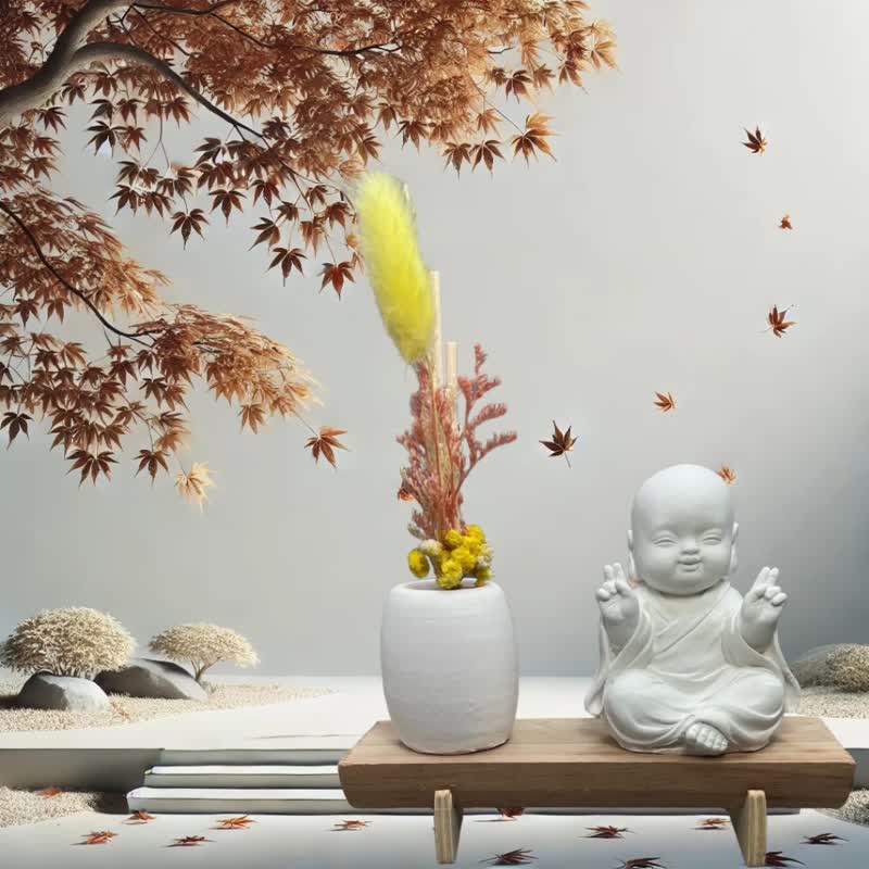 文青簡約風 淨念吉祥之一笑小佛 原木底座系列 搭配永生花擴香瓶 - 擺飾/家飾品 - 水泥 白色