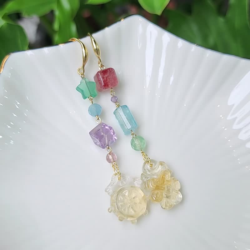 頂級黃水晶 盤長 法輪 玉瓍 海藍寶 紫水晶 彩虹 耳環 單品 禮物 - 耳環/耳夾/耳骨夾 - 寶石 多色