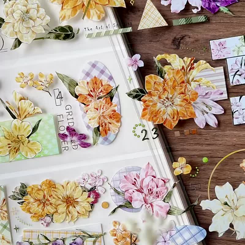 Flowers and Grids - PET and paper tape flowers and flower illustrations DIY notebook diary decoration materials - มาสกิ้งเทป - กระดาษ หลากหลายสี