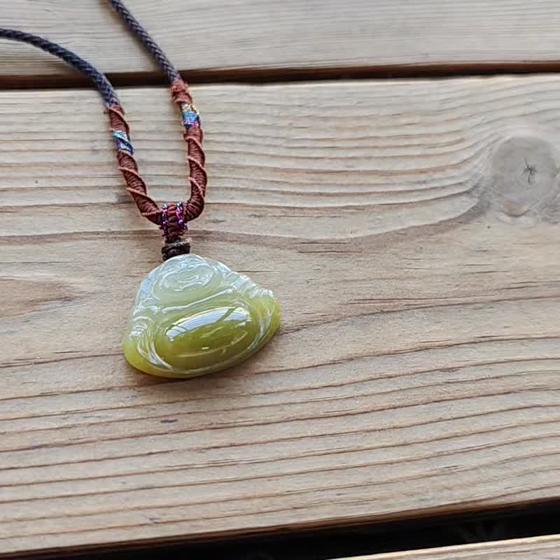 親翠 天然翡翠 冰茶色漸層彌勒佛 佛公調整式繩鏈 佛系 - 項鍊 - 玉石 多色