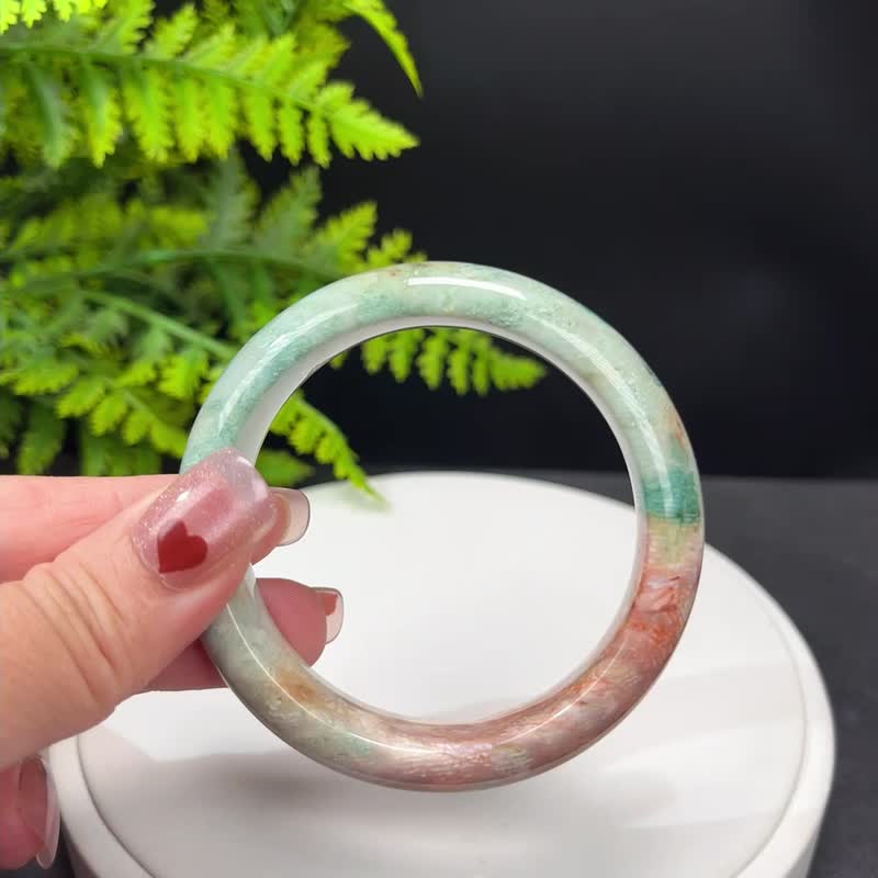 Fine coral jade bracelet 54MM Ice-smooth high-porcelain gradient colorful green material Phoenix tail pattern vitality hope peace - Bracelets - Jade 