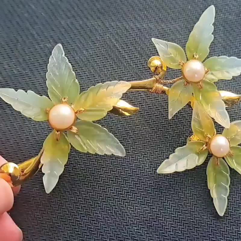 寶石琉璃花系列【珍珠楓葉】~藤蔓花葉夾 - 髮夾/髮圈 - 玻璃 綠色