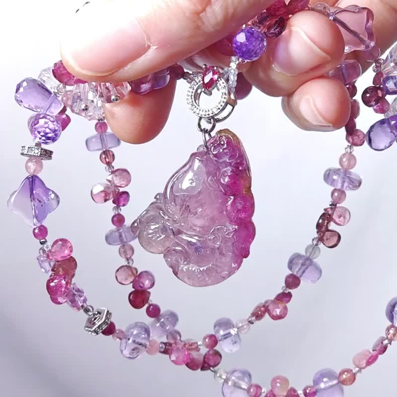 Tourmaline Golden Monkey Presenting Peach Marquis Ruyi Red with Purple Amethyst and White Crystal Necklace Single Product - Necklaces - Gemstone Purple