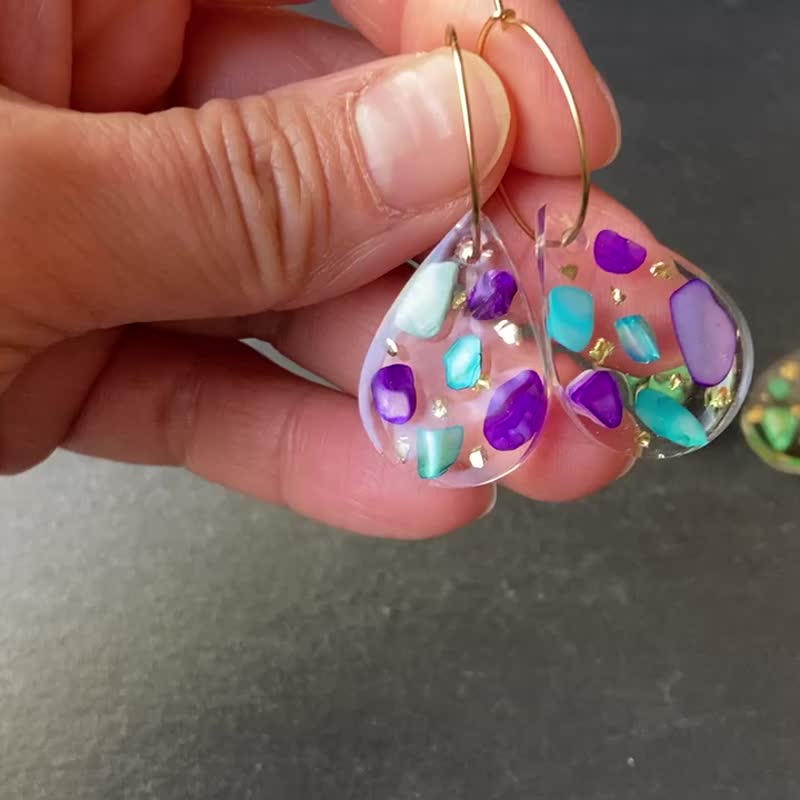 Colorful Stone drop and hoop earrings, hypoallergenic - ต่างหู - เรซิน สีม่วง