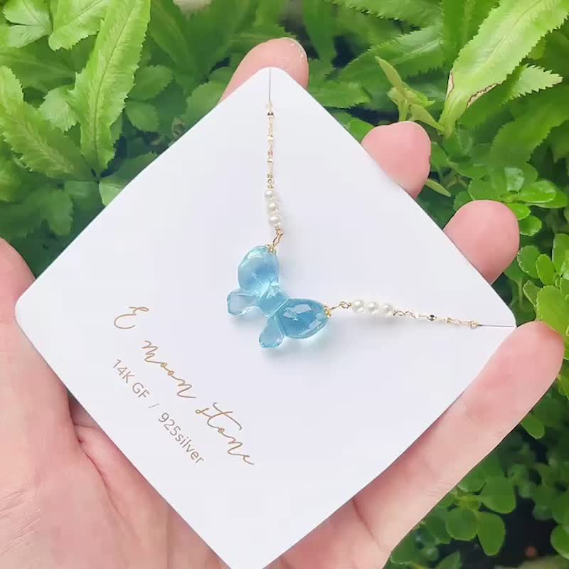 天然石海藍寶 公主胖鼓鼓蝴蝶結項鍊 14K - 項鍊 - 水晶 藍色