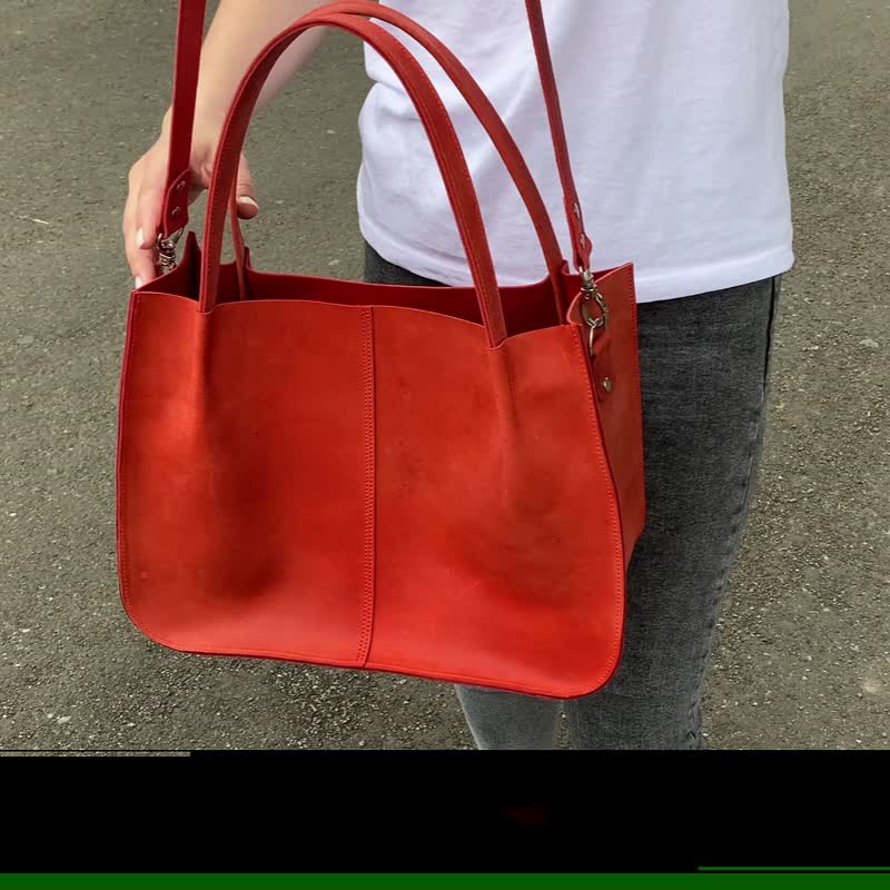 Leather Crossbody Bag /  Big Tote Bag / Handmade Leather Handbag Top Handle - 手提包/手提袋 - 真皮 紅色