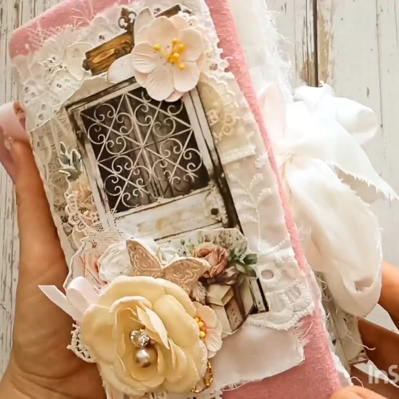 Vintage roses door junk journal handmade Bohemian lace floral notebook for woman - สมุดบันทึก/สมุดปฏิทิน - กระดาษ สีนำ้ตาล