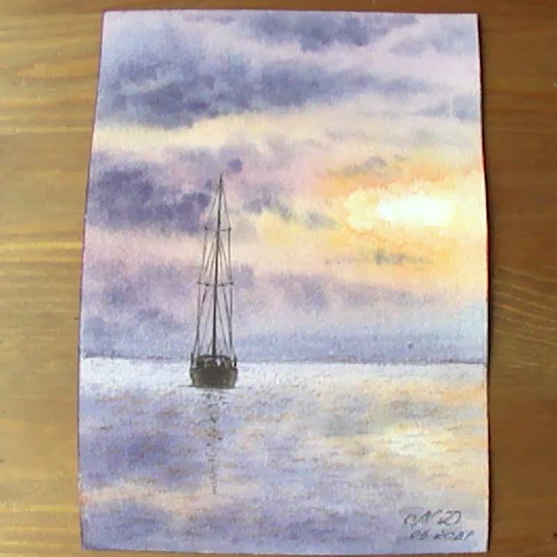 ヨットの絵画オリジナルアートセーリングヨットアートワーク日没水彩画