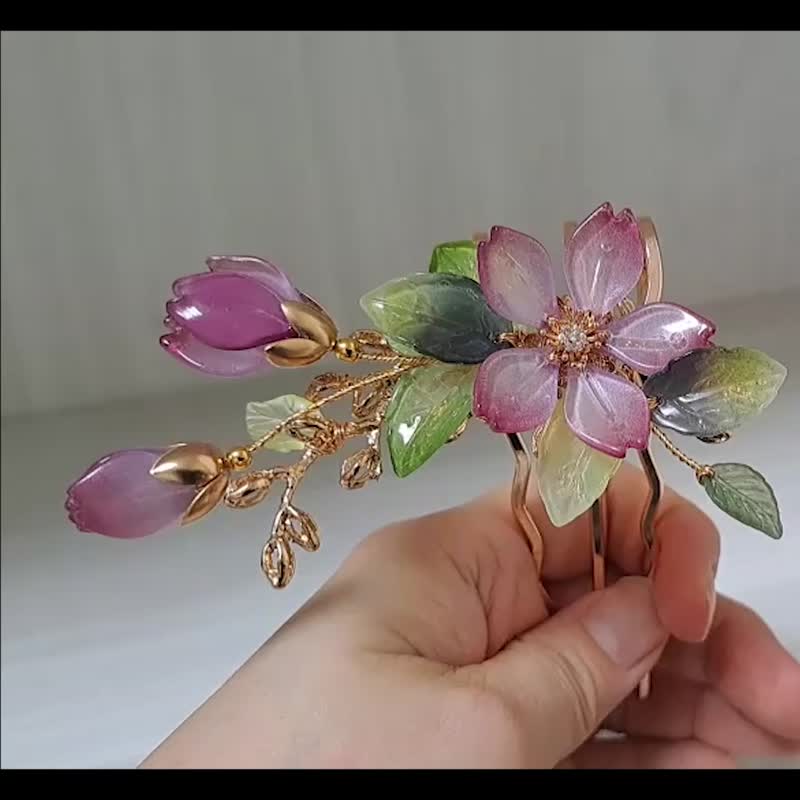 寶石琉璃花系列~【紫紅櫻花】~後壓式三股髮釵 - 髮夾/髮圈 - 玻璃 紫色