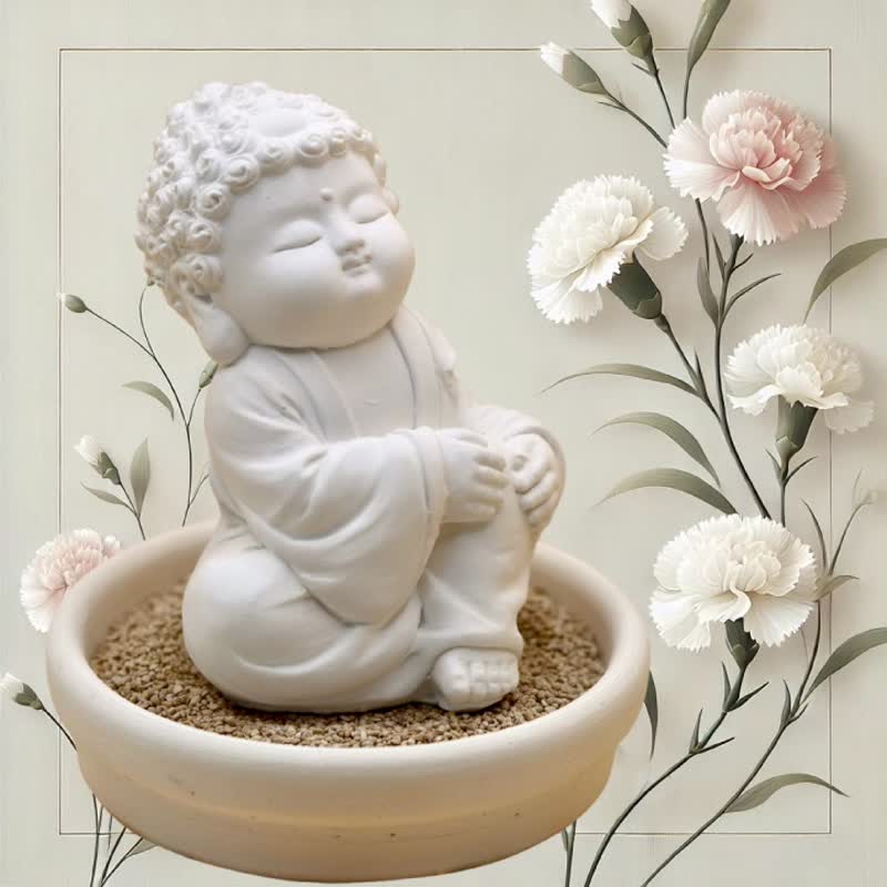 Miniature little meditation Buddha Wish w/small dish holder set - Fragrances - Other Materials White