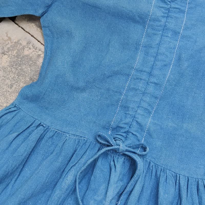 【ถุงโชคดี】Mini V-Neck Set  - 靛藍色紮染褶飾連身裙 - 洋裝/連身裙 - 棉．麻 藍色