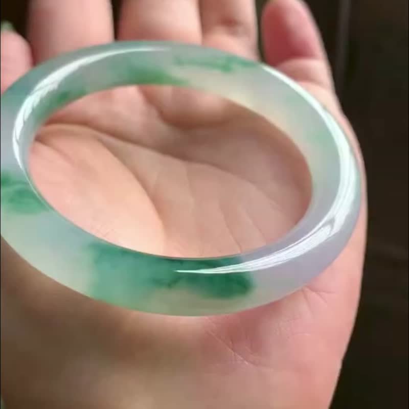 冰種玉鐲 天然翡翠玉鐲 A玉 手鐲 • 冰種綠藻飄花翡翠圓鐲 - 手鍊/手環 - 玉石 綠色