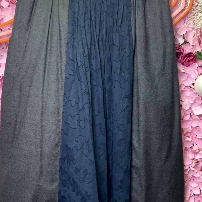 OTT Unique•Unique Japanese style dark blue dark flower contrasting gray low wave wide pants - กางเกงขายาว - ผ้าฝ้าย/ผ้าลินิน สีน้ำเงิน