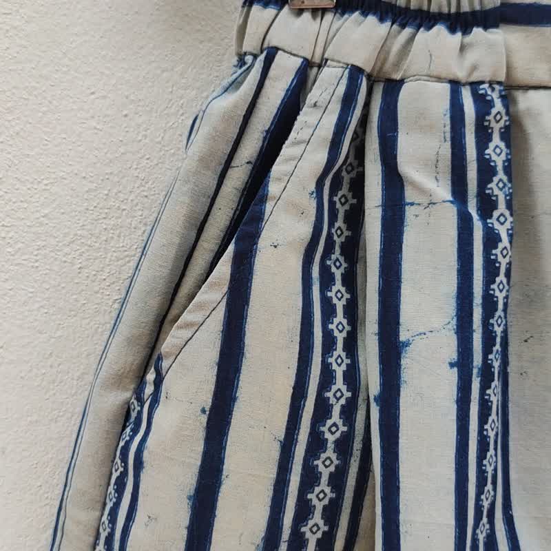 India - 印花獨特條紋寬褲 - 工裝褲/長褲/牛仔褲 - 棉．麻 藍色