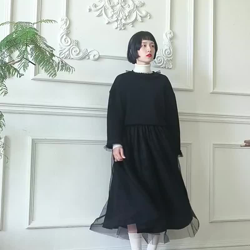 黑色 法式復古少女三層重工薄紗裙 提花高腰A字半身裙 - 裙子/長裙 - 其他人造纖維 黑色